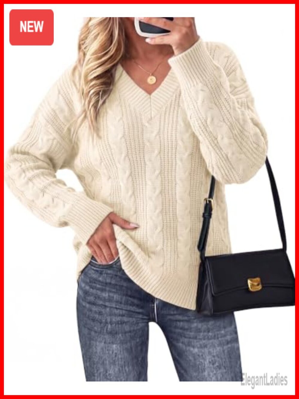 Women's Oversized V-Neck Cable Knit Pullover Sweater Long Sleeve